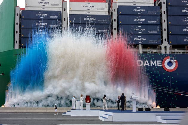 Christening of CMA CGM Notre Dame - Le Havre Delphine Arnault breaks the champagne bottle during the christening ceremony of the container ship CMA CGM NOTRE DAME, propelled by liquefied natural gas, at Le Havre port, France on July 2, 2026. Photo by Ammar Abd Rabbo ABACAPRESS.COM Le Havre France  Copyright: xAbdxRabboxAmmar ABACAx
