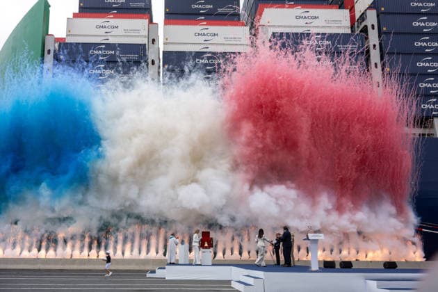 Christening of CMA CGM Notre Dame - Le Havre Delphine Arnault breaks the champagne bottle during the christening ceremony of the container ship CMA CGM NOTRE DAME, propelled by liquefied natural gas, at Le Havre port, France on July 2, 2026. Photo by Ammar Abd Rabbo ABACAPRESS.COM Le Havre France  Copyright: xAbdxRabboxAmmar ABACAx