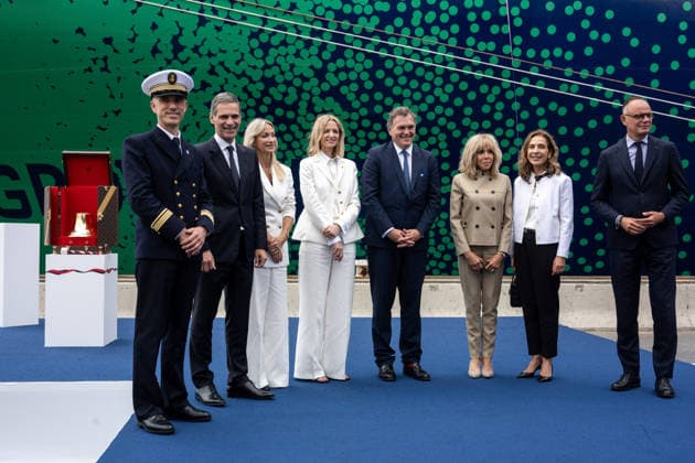 Christening of CMA CGM Notre Dame - Le Havre L-R : the vessel captain Nicolas Le Scornet, Rodolphe Saade, his wife Veronique Saade, the ‘godmother’ Delphine Arnault, Philippe Tabarot, Brigitte Macron, Tanya Saade and Edouard Philippe seen during the christening ceremony of the container ship CMA CGM NOTRE DAME, propelled by liquefied natural gas, at Le Havre port, France on July 2, 2026. Photo by Ammar Abd Rabbo ABACAPRESS.COM Le Havre France  Copyright: xAbdxRabboxAmmar ABACAx