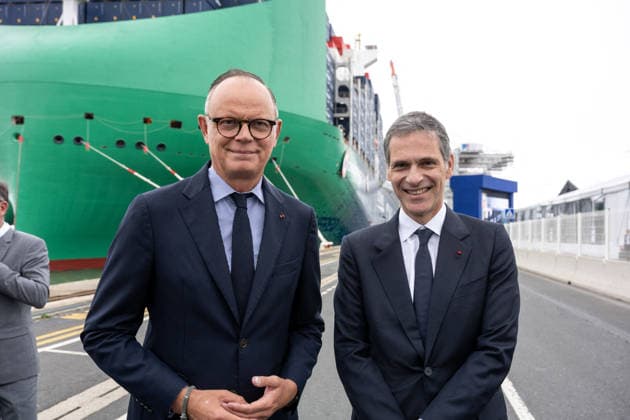 Christening of CMA CGM Notre Dame - Le Havre L-R : Edouard Philippe and Rodolphe Saade seen during the christening ceremony of the container ship CMA CGM NOTRE DAME, propelled by liquefied natural gas, at Le Havre port, France on July 2, 2026. Photo by Ammar Abd Rabbo ABACAPRESS.COM Le Havre France  Copyright: xAbdxRabboxAmmar ABACAx