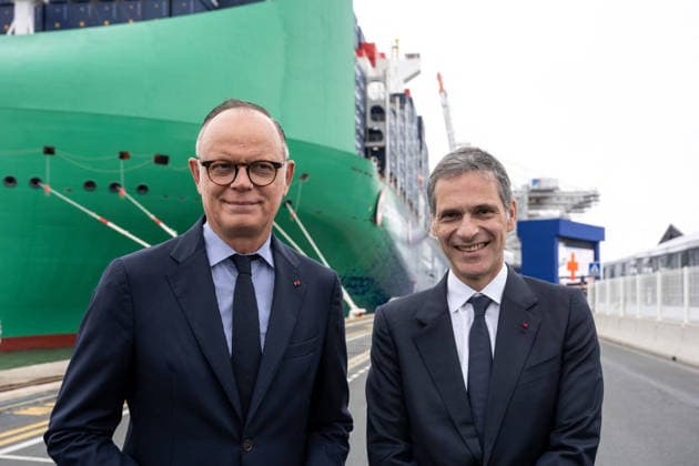 Christening of CMA CGM Notre Dame - Le Havre L-R : Edouard Philippe and Rodolphe Saade seen during the christening ceremony of the container ship CMA CGM NOTRE DAME, propelled by liquefied natural gas, at Le Havre port, France on July 2, 2026. Photo by Ammar Abd Rabbo ABACAPRESS.COM Le Havre France  Copyright: xAbdxRabboxAmmar ABACAx