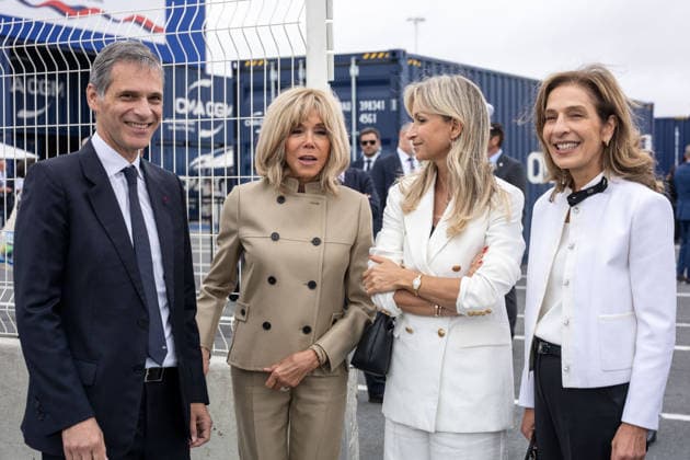 Christening of CMA CGM Notre Dame - Le Havre L-R : Rodolphe Saade, Brigitte Macron, Veronique Saade and Tanya Saade seen during the christening ceremony of the container ship CMA CGM NOTRE DAME, propelled by liquefied natural gas, at Le Havre port, France on July 2, 2026. Photo by Ammar Abd Rabbo ABACAPRESS.COM Le Havre France  Copyright: xAbdxRabboxAmmar ABACAx
