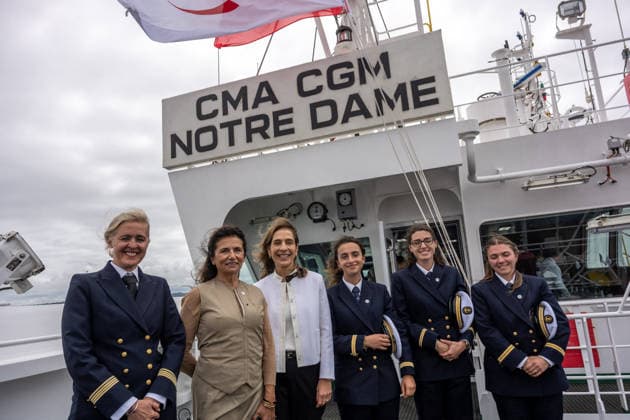 Christening of CMA CGM Notre Dame - Le Havre L-R : captain Marie Caroline Guilloux, Christine Cabau, Tanya Saade and members of the navigation team pose on the deck during the christening ceremony of the container ship CMA CGM NOTRE DAME, propelled by liquefied natural gas, at Le Havre port, France on July 2, 2026. Photo by Ammar Abd Rabbo ABACAPRESS.COM Le Havre France  Copyright: xAbdxRabboxAmmar ABACAx