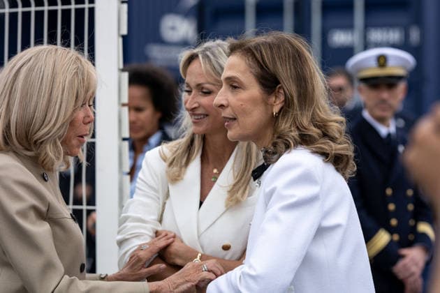 Christening of CMA CGM Notre Dame - Le Havre L-R : Brigitte Macron, Veronique Saade and Tanya Saade seen during the christening ceremony of the container ship CMA CGM NOTRE DAME, propelled by liquefied natural gas, at Le Havre port, France on July 2, 2026. Photo by Ammar Abd Rabbo ABACAPRESS.COM Le Havre France  Copyright: xAbdxRabboxAmmar ABACAx