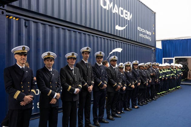 Christening of CMA CGM Notre Dame - Le Havre Members of the navigation team seen during the christening ceremony of the container ship CMA CGM NOTRE DAME, propelled by liquefied natural gas, at Le Havre port, France on July 2, 2026. Photo by Ammar Abd Rabbo ABACAPRESS.COM Le Havre France  Copyright: xAbdxRabboxAmmar ABACAx