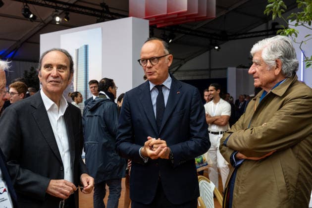 Christening of CMA CGM Notre Dame - Le Havre L-R : Xavier Niel, Edouard Philippe and Maurice Levy seen during the christening ceremony of the container ship CMA CGM NOTRE DAME, propelled by liquefied natural gas, at Le Havre port, France on July 2, 2026. Photo by Ammar Abd Rabbo ABACAPRESS.COM Le Havre France  Copyright: xAbdxRabboxAmmar ABACAx