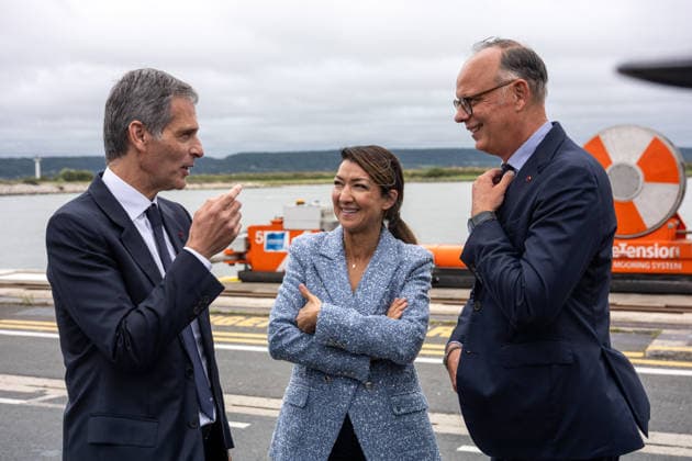 Christening of CMA CGM Notre Dame - Le Havre L-R : Rodolphe Saade, Sabrina Roubache and Edouard Philippe seen during the christening ceremony of the container ship CMA CGM NOTRE DAME, propelled by liquefied natural gas, at Le Havre port, France on July 2, 2026. Photo by Ammar Abd Rabbo ABACAPRESS.COM Le Havre France  Copyright: xAbdxRabboxAmmar ABACAx