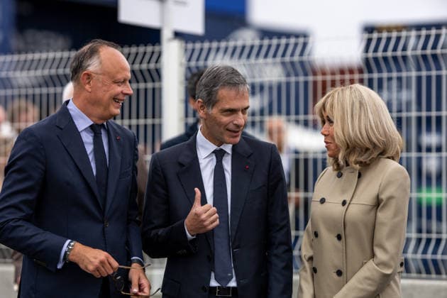 Christening of CMA CGM Notre Dame - Le Havre L-R : Edouard Philippe, Rodolphe Saade and Brigitte Macron seen during the christening ceremony of the container ship CMA CGM NOTRE DAME, propelled by liquefied natural gas, at Le Havre port, France on July 2, 2026. Photo by Ammar Abd Rabbo ABACAPRESS.COM Le Havre France  Copyright: xAbdxRabboxAmmar ABACAx