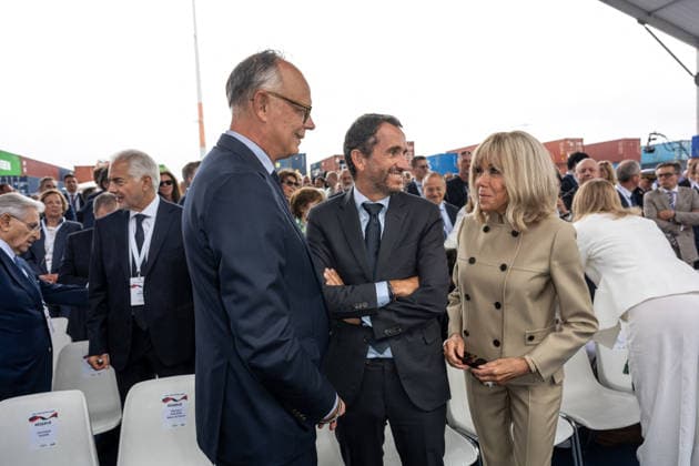 Christening of CMA CGM Notre Dame - Le Havre L-R : Edouard Philippe, Alexandre Bompard and Brigitte Macron, seen during the christening ceremony of the container ship CMA CGM NOTRE DAME, propelled by liquefied natural gas, at Le Havre port, France on July 2, 2026. Photo by Ammar Abd Rabbo ABACAPRESS.COM Le Havre France  Copyright: xAbdxRabboxAmmar ABACAx