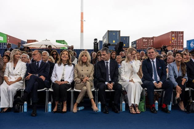 Christening of CMA CGM Notre Dame - Le Havre L-R : Veronique Saade, Edouard Philippe, Tanya Saade, Brigitte Macron, Rodolphe Saade, Delphine Arnault, Philippe Tabarot and Sabrina Roubache seen during the christening ceremony of the container ship CMA CGM NOTRE DAME, propelled by liquefied natural gas, at Le Havre port, France on July 2, 2026. Photo by Ammar Abd Rabbo ABACAPRESS.COM Le Havre France  Copyright: xAbdxRabboxAmmar ABACAx