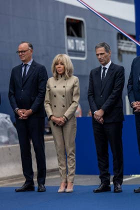 Christening of CMA CGM Notre Dame - Le Havre L-R : Edouard Philippe, Brigitte Macron and Rodolphe Saade seen during the christening ceremony of the container ship CMA CGM NOTRE DAME, propelled by liquefied natural gas, at Le Havre port, France on July 2, 2026. Photo by Ammar Abd Rabbo ABACAPRESS.COM Le Havre France  Copyright: xAbdxRabboxAmmar ABACAx