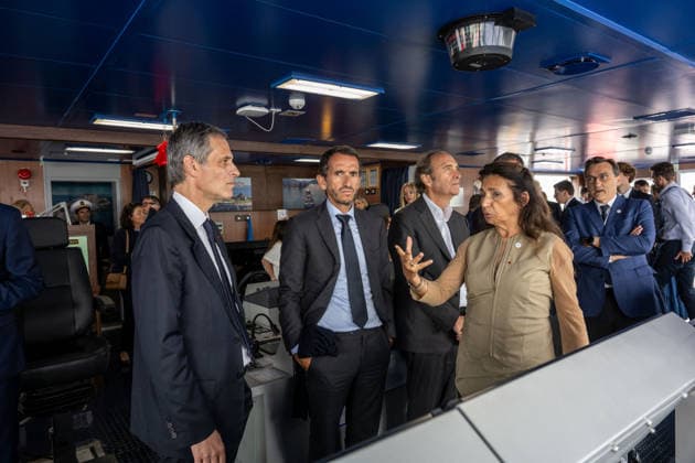 Christening of CMA CGM Notre Dame - Le Havre L-R : Rodolphe Saade, Alexandre Bompard, Xavier Niel, and Christine Cabau seen during the christening ceremony of the container ship CMA CGM NOTRE DAME, propelled by liquefied natural gas, at Le Havre port, France on July 2, 2026. Photo by Ammar Abd Rabbo ABACAPRESS.COM Le Havre France  Copyright: xAbdxRabboxAmmar ABACAx