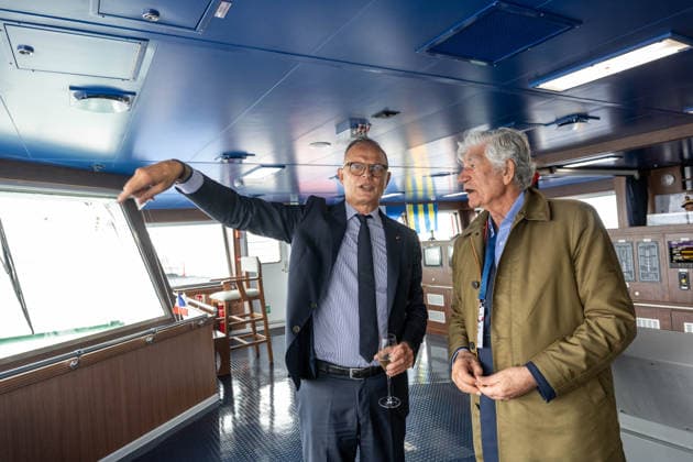 Christening of CMA CGM Notre Dame - Le Havre L-R : Edouard Philippe and Marc Levy seen during the christening ceremony of the container ship CMA CGM NOTRE DAME, propelled by liquefied natural gas, at Le Havre port, France on July 2, 2026. Photo by Ammar Abd Rabbo ABACAPRESS.COM Le Havre France  Copyright: xAbdxRabboxAmmar ABACAx