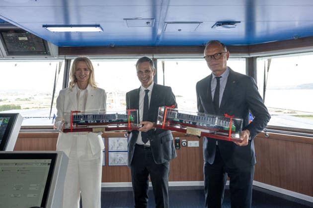 Christening of CMA CGM Notre Dame - Le Havre L-R : Delphine Arnault, Rodolphe Saade and Edouard Philippe seen during the christening ceremony of the container ship CMA CGM NOTRE DAME, propelled by liquefied natural gas, at Le Havre port, France on July 2, 2026. Photo by Ammar Abd Rabbo ABACAPRESS.COM Le Havre France  Copyright: xAbdxRabboxAmmar ABACAx
