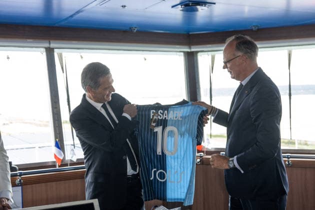 Christening of CMA CGM Notre Dame - Le Havre L-R : Rodolphe Saade and Edouard Philippe, presenting him with a jersey from Le Havre football team, seen during the christening ceremony of the container ship CMA CGM NOTRE DAME, propelled by liquefied natural gas, at Le Havre port, France on July 2, 2026. Photo by Ammar Abd Rabbo ABACAPRESS.COM Le Havre France  Copyright: xAbdxRabboxAmmar ABACAx