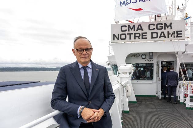 Christening of CMA CGM Notre Dame - Le Havre Edouard Philippe poses on the deck, during the christening ceremony of the container ship CMA CGM NOTRE DAME, propelled by liquefied natural gas, at Le Havre port, France on July 2, 2026. Photo by Ammar Abd Rabbo ABACAPRESS.COM Le Havre France  Copyright: xAbdxRabboxAmmar ABACAx