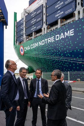 Christening of CMA CGM Notre Dame - Le Havre L-R : Edouard Philippe, Rodolphe Saade, Alexandre Bompard seen during the christening ceremony of the container ship CMA CGM NOTRE DAME, propelled by liquefied natural gas, at Le Havre port, France on July 2, 2026. Photo by Ammar Abd Rabbo ABACAPRESS.COM Le Havre France  Copyright: xAbdxRabboxAmmar ABACAx