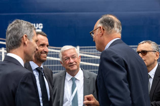 Christening of CMA CGM Notre Dame - Le Havre L-R : Rodolphe Saade, Alexandre Bompard, Jean-Marie Messier, Edouard Philippe seen during the christening ceremony of the container ship CMA CGM NOTRE DAME, propelled by liquefied natural gas, at Le Havre port, France on July 2, 2026. Photo by Ammar Abd Rabbo ABACAPRESS.COM Le Havre France  Copyright: xAbdxRabboxAmmar ABACAx