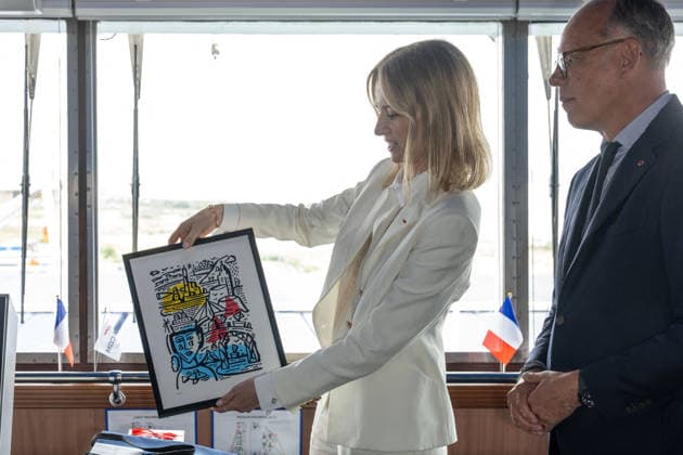 Christening of CMA CGM Notre Dame - Le Havre L-R : Delphine Arnault looks at a gift from Edouard Philippe, in the cockpit of the vessel during the christening ceremony of the container ship CMA CGM NOTRE DAME, propelled by liquefied natural gas, at Le Havre port, France on July 2, 2026. Photo by Ammar Abd Rabbo ABACAPRESS.COM Le Havre France  Copyright: xAbdxRabboxAmmar ABACAx