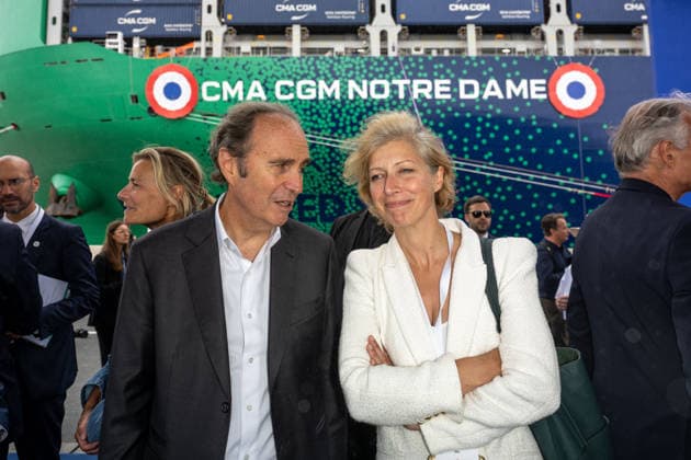 Christening of CMA CGM Notre Dame - Le Havre L-R : Xavier Niel and Anne-Claire Legendre seen during the christening ceremony of the container ship CMA CGM NOTRE DAME, propelled by liquefied natural gas, at Le Havre port, France on July 2, 2026. Photo by Ammar Abd Rabbo ABACAPRESS.COM Le Havre France  Copyright: xAbdxRabboxAmmar ABACAx