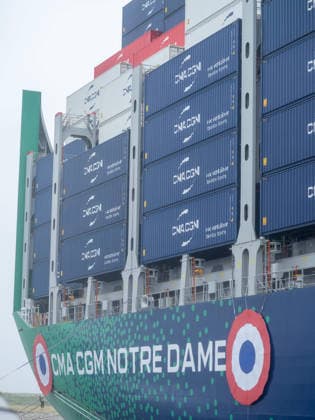 Christening of CMA CGM Notre Dame - Le Havre The CMA-CGM Notre Dame, the largest ship flying the French flag, is seen during its official integration ceremony in Le Havre, France on July 02, 2026, as the vessel operates on liquefied gas. Photo by Mario FOURMY ABACAPRESS.COM Le Havre France  Copyright: xFourmyxMario ABACAx