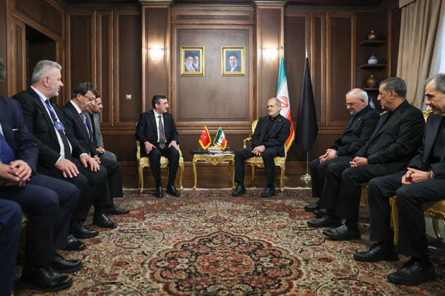 Turkish Vice President Cevdet Yilmaz in Tehran TEHRAN, IRAN - JULY 3: Turkish Vice President Cevdet Yilmaz meets with Iranian President Masoud Pezeshkian in Tehran, Iran, on July 3, 2026. Yilmaz arrived in the Iranian capital to attend the state funeral ceremony for former Iranian Supreme Leader Ali Khamenei, who lost his life in a joint U.S.-Israeli attack on Iran on Feb. 28. Ahmet Okur Anadolu Tehran Iran. Editorial use only. Please get in touch for any other usage.  Copyright: x2026xAnadoluxAhmetxOkurx