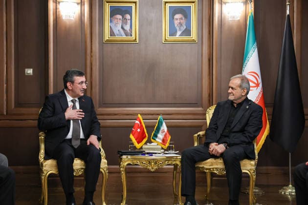 Turkish Vice President Cevdet Yilmaz in Tehran TEHRAN, IRAN - JULY 3: Turkish Vice President Cevdet Yilmaz meets with Iranian President Masoud Pezeshkian in Tehran, Iran, on July 3, 2026. Yilmaz arrived in the Iranian capital to attend the state funeral ceremony for former Iranian Supreme Leader Ali Khamenei, who lost his life in a joint U.S.-Israeli attack on Iran on Feb. 28. Ahmet Okur Anadolu Tehran Iran. Editorial use only. Please get in touch for any other usage.  Copyright: x2026xAnadoluxAhmetxOkurx