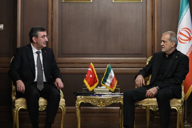 Turkish Vice President Cevdet Yilmaz in Tehran TEHRAN, IRAN - JULY 3: Turkish Vice President Cevdet Yilmaz (L) meets with Iranian President Masoud Pezeshkian (R) in Tehran, Iran, on July 3, 2026. Yilmaz arrived in the Iranian capital to attend the state funeral ceremony for former Iranian Supreme Leader Ali Khamenei, who lost his life in a joint U.S.-Israeli attack on Iran on Feb. 28. Ahmet Okur Anadolu Tehran Iran. Editorial use only. Please get in touch for any other usage.  Copyright: x2026xAnadoluxAhmetxOkurx