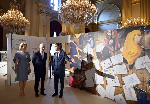 Queen Mathilde and King Philippe - Filip of Belgium pictured during a visit to the expo on view at the Royal Palace in Brussels on Friday 03 July 2026. The Royal Palace will be opened for public from 3 July to 16 August.  ERICxLALMAND 180238767