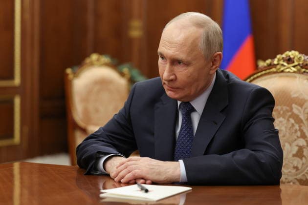 RUSSIA, MOSCOW - JULY 3, 2026: Russia s President Vladimir Putin during a meeting with VTB Bank Management Board President Chairman Kostin in the Kremlin. Gavriil Grigorov Russian Presidential Press and Information Office TASS  94609745