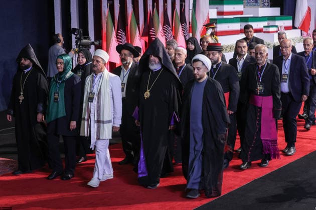 July 3, 2026, Tehran, Iran: Local and foreign officials walk past the coffins of Iran s slain supreme leader Ali Khamenei and his family members after paying their respects at the Grand Mosalla in Tehran on July 3, 2026. The body of Iran s supreme leader, killed in US-Israeli strikes that triggered the Middle East war, arrived at Tehran s Grand Mosalla on July 3 ahead of his funeral, state media reported. Millions of people and a coterie of foreign dignitaries were expected to attend Saturday s official ceremony for Ali Khamenei, with Tehran s chief negotiator calling for a massive turnout to avenge his death. Tehran Iran - ZUMAi98_ 20260703_zih_i98_024 Copyright: xIranianxSupremexLeader SxOfficex
