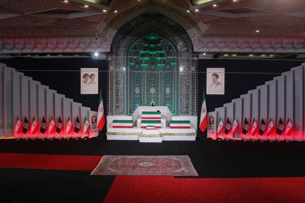 July 3, 2026, Tehran, Iran: The coffins of Iran s slain supreme leader Ali Khamenei and his family members are pictured at the Grand Mosalla in Tehran on July 3, 2026. The body of Iran s supreme leader, killed in US-Israeli strikes that triggered the Middle East war, arrived at Tehran s Grand Mosalla on July 3 ahead of his funeral, state media reported. Millions of people and a coterie of foreign dignitaries were expected to attend Saturday s official ceremony for Ali Khamenei, with Tehran s chief negotiator calling for a massive turnout to avenge his death. Tehran Iran - ZUMAi98_ 20260703_zih_i98_051 Copyright: xIranianxSupremexLeader SxOfficex
