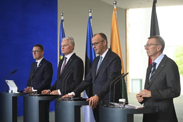 Friedrich Merz meets with Baltic Leaders in Berlin BERLIN, GERMANY - JULY 03: Estonian Prime Minister Kristen Michal, Lithuanian Prime Minister Gitanas Nauseda, German Chancellor Friedrich Merz and Latvian Prime Minister Edgars Rinkevics, attend a joint press conference following talks at the Chancellery on July 3, 2026 in Berlin, Germany. Halil Sagirkaya Anadolu Berlin Germany. Editorial use only. Please get in touch for any other usage.  Copyright: x2026xAnadoluxHalilxSagirkayax