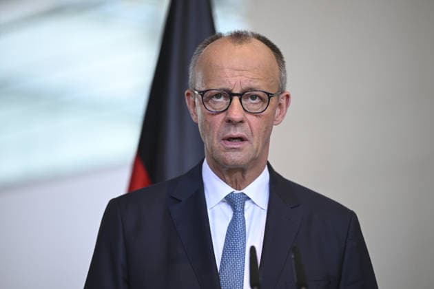 Friedrich Merz meets with Baltic Leaders in Berlin BERLIN, GERMANY - JULY 03: Estonian Prime Minister Kristen Michal (not seen), Lithuanian Prime Minister Gitanas Nauseda (not seen), German Chancellor Friedrich Merz and Latvian Prime Minister Edgars Rinkevics (not seen), attend a joint press conference following talks at the Chancellery on July 3, 2026 in Berlin, Germany. Halil Sagirkaya Anadolu Berlin Germany. Editorial use only. Please get in touch for any other usage.  Copyright: x2026xAnadoluxHalilxSagirkayax