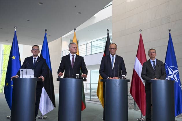 Friedrich Merz meets with Baltic Leaders in Berlin BERLIN, GERMANY - JULY 03: Estonian Prime Minister Kristen Michal, Lithuanian Prime Minister Gitanas Nauseda, German Chancellor Friedrich Merz and Latvian Prime Minister Edgars Rinkevics, attend a joint press conference following talks at the Chancellery on July 3, 2026 in Berlin, Germany. Halil Sagirkaya Anadolu Berlin Germany. Editorial use only. Please get in touch for any other usage.  Copyright: x2026xAnadoluxHalilxSagirkayax