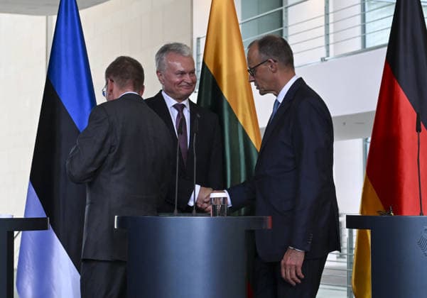 Friedrich Merz meets with Baltic Leaders in Berlin BERLIN, GERMANY - JULY 03: Estonian Prime Minister Kristen Michal, Lithuanian Prime Minister Gitanas Nauseda, German Chancellor Friedrich Merz and Latvian Prime Minister Edgars Rinkevics, attend a joint press conference following talks at the Chancellery on July 3, 2026 in Berlin, Germany. Halil Sagirkaya Anadolu Berlin Germany. Editorial use only. Please get in touch for any other usage.  Copyright: x2026xAnadoluxHalilxSagirkayax
