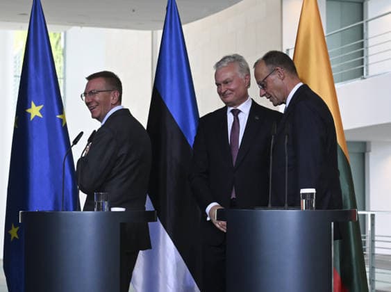 Friedrich Merz meets with Baltic Leaders in Berlin BERLIN, GERMANY - JULY 03: Estonian Prime Minister Kristen Michal, Lithuanian Prime Minister Gitanas Nauseda, German Chancellor Friedrich Merz and Latvian Prime Minister Edgars Rinkevics, attend a joint press conference following talks at the Chancellery on July 3, 2026 in Berlin, Germany. Halil Sagirkaya Anadolu Berlin Germany. Editorial use only. Please get in touch for any other usage.  Copyright: x2026xAnadoluxHalilxSagirkayax
