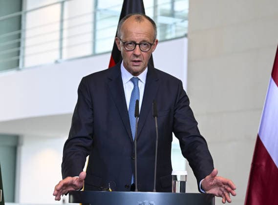 Friedrich Merz meets with Baltic Leaders in Berlin BERLIN, GERMANY - JULY 03: Estonian Prime Minister Kristen Michal (not seen), Lithuanian Prime Minister Gitanas Nauseda (not seen), German Chancellor Friedrich Merz and Latvian Prime Minister Edgars Rinkevics (not seen), attend a joint press conference following talks at the Chancellery on July 3, 2026 in Berlin, Germany. Halil Sagirkaya Anadolu Berlin Germany. Editorial use only. Please get in touch for any other usage.  Copyright: x2026xAnadoluxHalilxSagirkayax