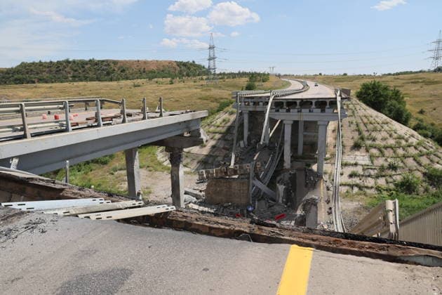 RUSSIA, DONETSK PEOPLE S REPUBLIC - JULY 3, 2026: A view of a bridge destroyed in a Ukrainian drone attack on a motorway between Donetsk and Mariupol. Dmitry Yagodkin TASS  94613349