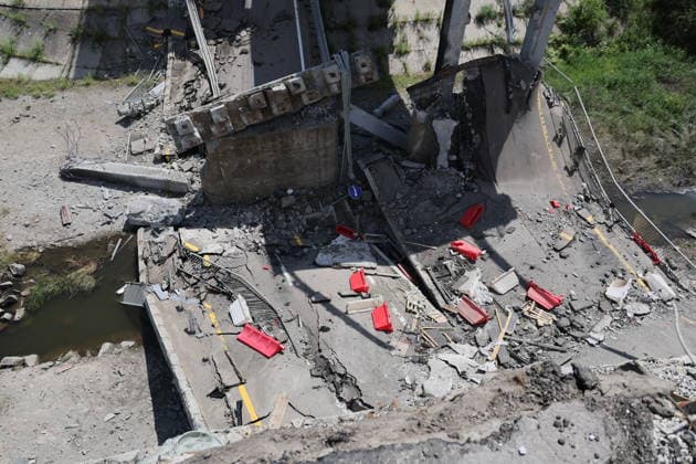 RUSSIA, DONETSK PEOPLE S REPUBLIC - JULY 3, 2026: A view of a bridge destroyed in a Ukrainian drone attack on a motorway between Donetsk and Mariupol. Dmitry Yagodkin TASS  94613370