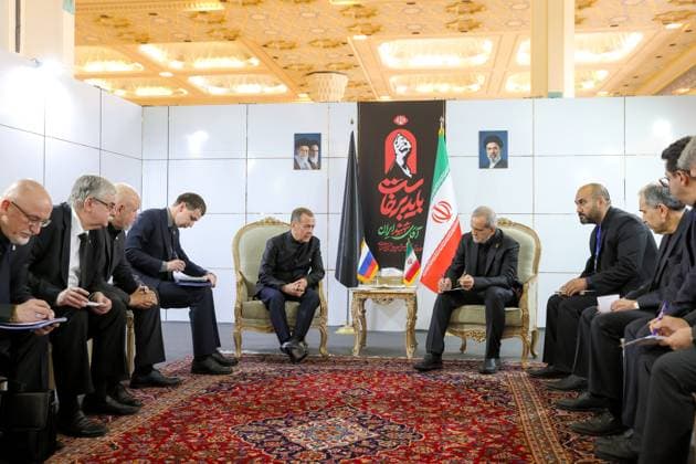 Iran Russia Late Supreme Leader Funeral Rites 9199411 03.07.2026 Deputy Chairman of the Russian Security Council Dmitry Medvedev and Iranian President Masoud Pezeshkian attend a meeting in Tehran, Iran. Oleg Molchanov Sputnik Tehran Iran  Copyright: xOlegxMolchanovx