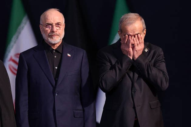 Iranian Parliament Speaker and chief negotiator Mohammad Bagher Ghalibaf (L) and Iranian President Masoud Pezeshkian (R ) attend the reception for foreign and domestic officials offering condolences at the funeral of the late Supreme Leader Ayatollah Ali Khamenei and his family at Tehran s Grand Imam Khomeini Mosque on Friday, July 3, 2026. Khamenei and his relatives were assassinated on February 28 in U.S.-Israeli airstrikes at the outset of the war, ending his 36-year rule. A six-day state funeral across multiple cities will conclude with his burial on July 9 in his hometown of Mashhad. Iran has suspended negotiations with the U.S. delegation until the funeral concludes. photo by Iranian Presidency  IRN2026070316 IranianxPresidency
