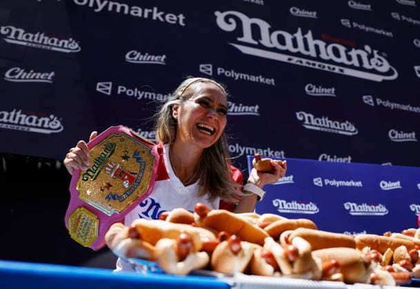 Past champion Miki Sudo stands with hotdogs for a photo at the 110th Nathan s Famous Fourth of July International Hot Dog Eating Contest weigh-in ceremony at Hudson Yards on Friday, July 3, 2026 in New York City.  NYP202607032009 JOHNxANGELILLO