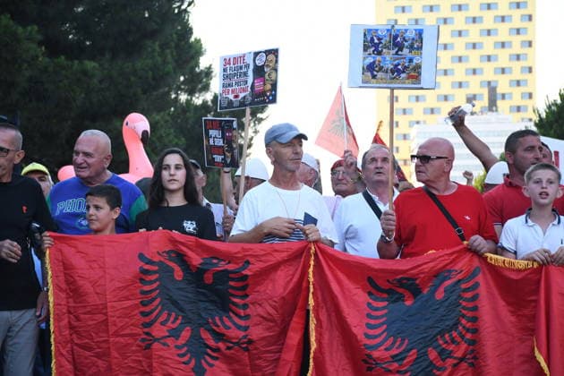 Protests continue over Zvernec tourism project in Albania TIRANA, ALBANIA - JULY 3: Protesters gather at Skanderbeg Square before marching to the Prime Minister s Office during the 34th day of demonstrations against a planned tourism project in the Zvernec area of Vlora, in Tirana, Albania, on July 3, 2026. Olsi Shehu Anadolu Tirana Albania. Editorial use only. Please get in touch for any other usage.  Copyright: x2026xAnadoluxOlsixShehux