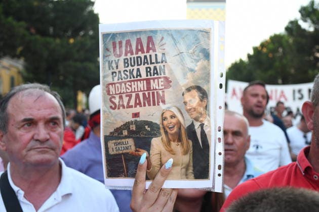 Protests continue over Zvernec tourism project in Albania TIRANA, ALBANIA - JULY 3: Protesters gather at Skanderbeg Square before marching to the Prime Minister s Office during the 34th day of demonstrations against a planned tourism project in the Zvernec area of Vlora, in Tirana, Albania, on July 3, 2026. Olsi Shehu Anadolu Tirana Albania. Editorial use only. Please get in touch for any other usage.  Copyright: x2026xAnadoluxOlsixShehux