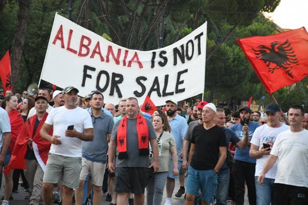 Protests continue over Zvernec tourism project in Albania TIRANA, ALBANIA - JULY 3: Protesters gather at Skanderbeg Square before marching to the Prime Minister s Office during the 34th day of demonstrations against a planned tourism project in the Zvernec area of Vlora, in Tirana, Albania, on July 3, 2026. Olsi Shehu Anadolu Tirana Albania. Editorial use only. Please get in touch for any other usage.  Copyright: x2026xAnadoluxOlsixShehux