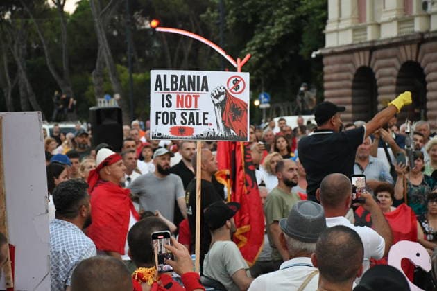 Protests continue over Zvernec tourism project in Albania TIRANA, ALBANIA - JULY 3: Protesters gather at Skanderbeg Square before marching to the Prime Minister s Office during the 34th day of demonstrations against a planned tourism project in the Zvernec area of Vlora, in Tirana, Albania, on July 3, 2026. Olsi Shehu Anadolu Tirana Albania. Editorial use only. Please get in touch for any other usage.  Copyright: x2026xAnadoluxOlsixShehux