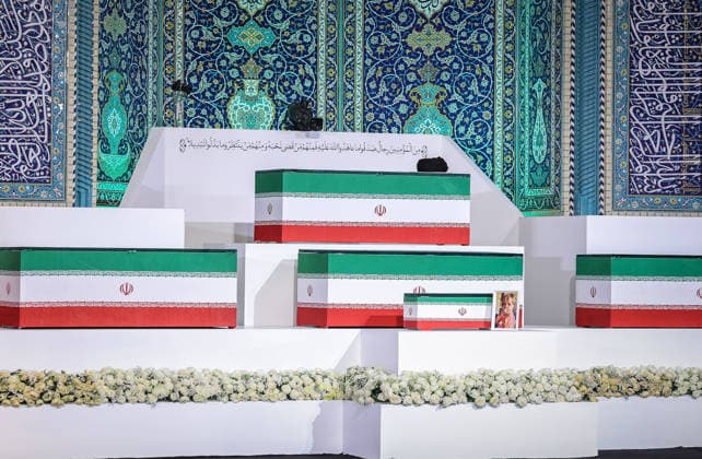 State funeral held for Iran s former leader Khamenei after US-Israeli attack TEHRAN, IRAN - JULY 3: ( RESTRICTIONS: NO Access Israel Media Persian Language TV Stations Outside Iran Strictly No Access BBC Persian VOA Persian Manoto TV Iran International TV ) (----EDITORIAL USE ONLY - MANDATORY CREDIT - IRANIAN LEADER PRESS OFFICE HANDOUT - NO MARKETING NO ADVERTISING CAMPAIGNS - DISTRIBUTED AS A SERVICE TO CLIENTS----) A view shows the coffin of former Iranian leader Ali Khamenei, who was killed in attacks launched by the US and Israel on February 28, during a state ceremony at Imam Khomeini Musalla Mosque in Tehran, Iran, on July 3, 2026. Iranian Leader Press Office Handout Anadolu Tehran Iran. Editorial use only. Please get in touch  Copyright: x2026xAnadoluxIranianxLeaderxPressxOffice Handoutx