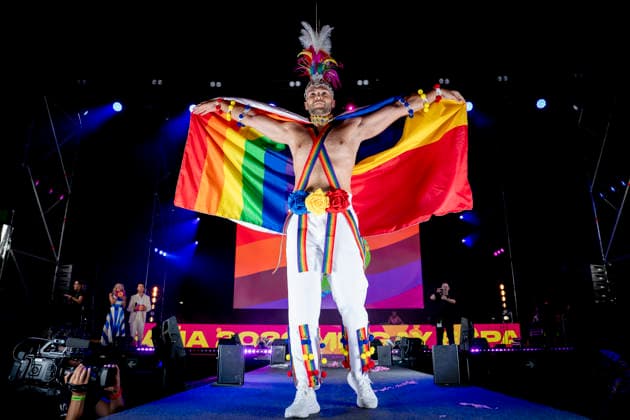 Celebration of the 19th Mr. Gay Spain Gala by MADO Claudio Ghica during the pageant and musical show for the 19th Mr. Gay Spain Gala, on July 3, 2026, in Madrid, Spain. The event, one of the central and most popular events in the capital’s official LGBTIQ Pride festival program, takes place on the main stage in Plaza de Espana to select the new national representative, combining the visibility of the community, the candidates’ stories of overcoming adversity, and live artistic performances. A Pé MADRID, Spain MADRID, Spain Spain  Copyright: xA.xPÃ rezxMecax 7642746