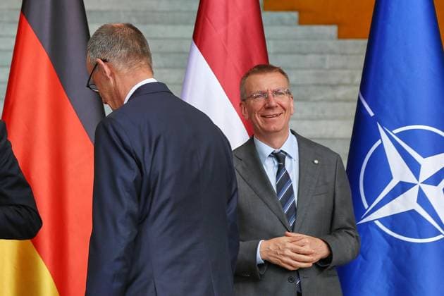 Berlin, Deutschland, 03.07.2026: Bundeskanzleramt: Empfang der Staats- und Regierungschefs der drei baltischen Länder Lettland, Estland und Litauen: Bundeskanzler Friedrich Merz (CDU) und Lettlands Präsident Edgars Rinkevics *** Berlin, Germany, July 3, 2026; Federal Chancellery: Reception for the heads of state and government of the three Baltic countries—Latvia, Estonia, and Lithuania—Chancellor Friedrich Merz (CDU) and Latvian President Edgars Rinkevics Copyright: xdtsxNachrichtenagenturx dts_126164